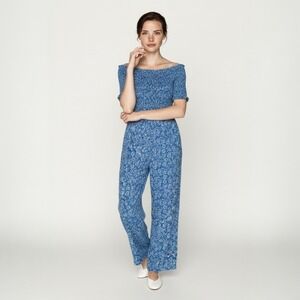 NWT Patrons of Peace Sz M Blue Floral Jumpsuit Wide Leg Boho Chic Prairie